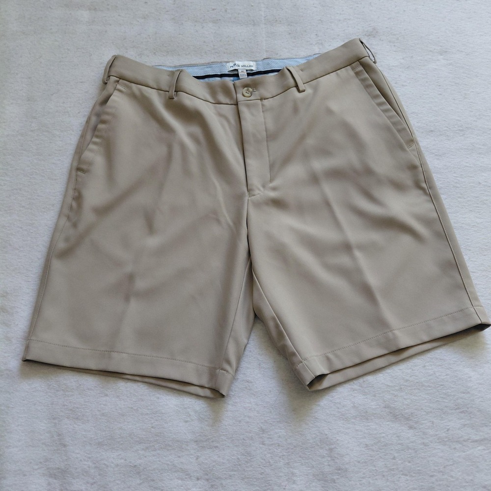 Peter Millar Khaki Beige Golf Shorts Mens Size 34 Flat Front Stretch Performance